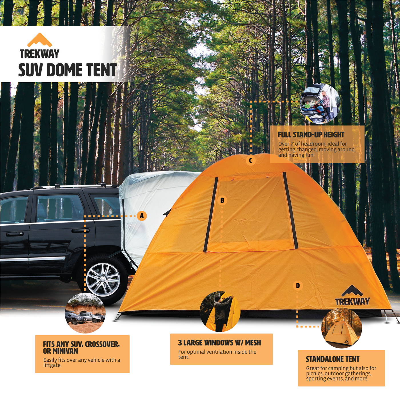 Trekway SUV Dome Tent for Subaru Outback/Forester, Rav4, 4Runner, Etc