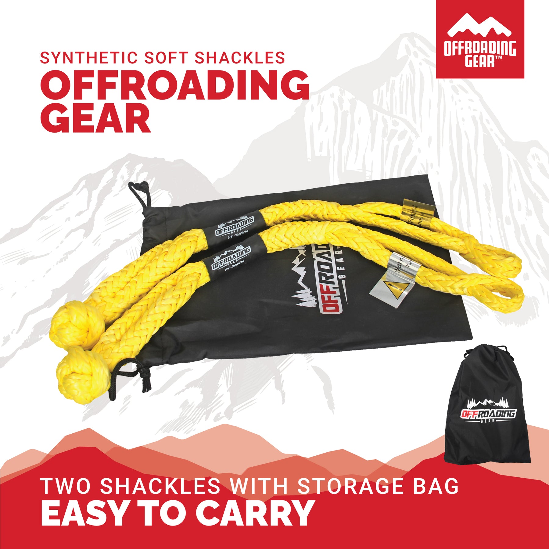 Offroading Gear Set of Two Synthetic Soft Rope Shackles w/Free Storage –