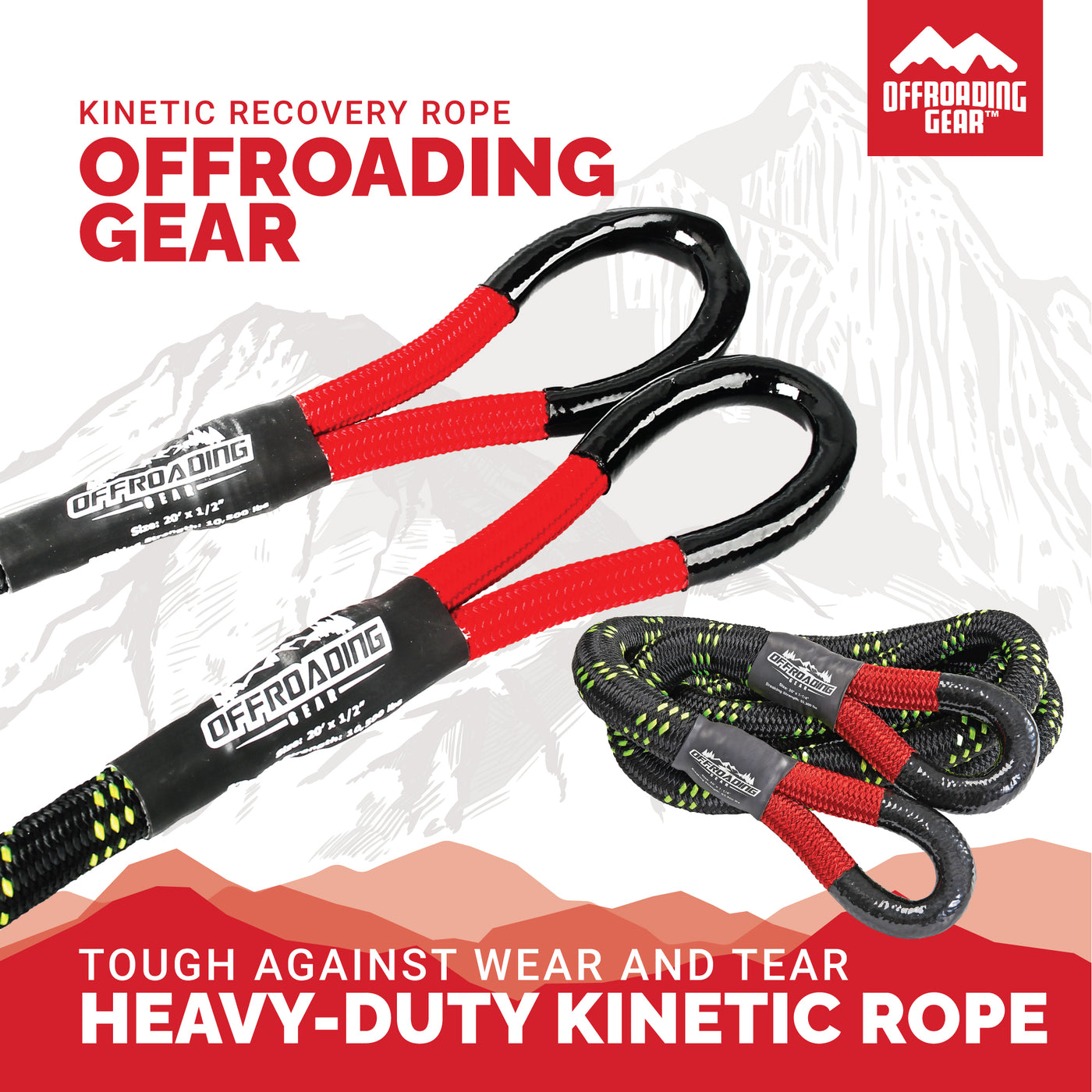 Offroading Gear Kinetic Recovery & Tow Rope | Elastic Snatch Strap | Heavy Duty Loops |