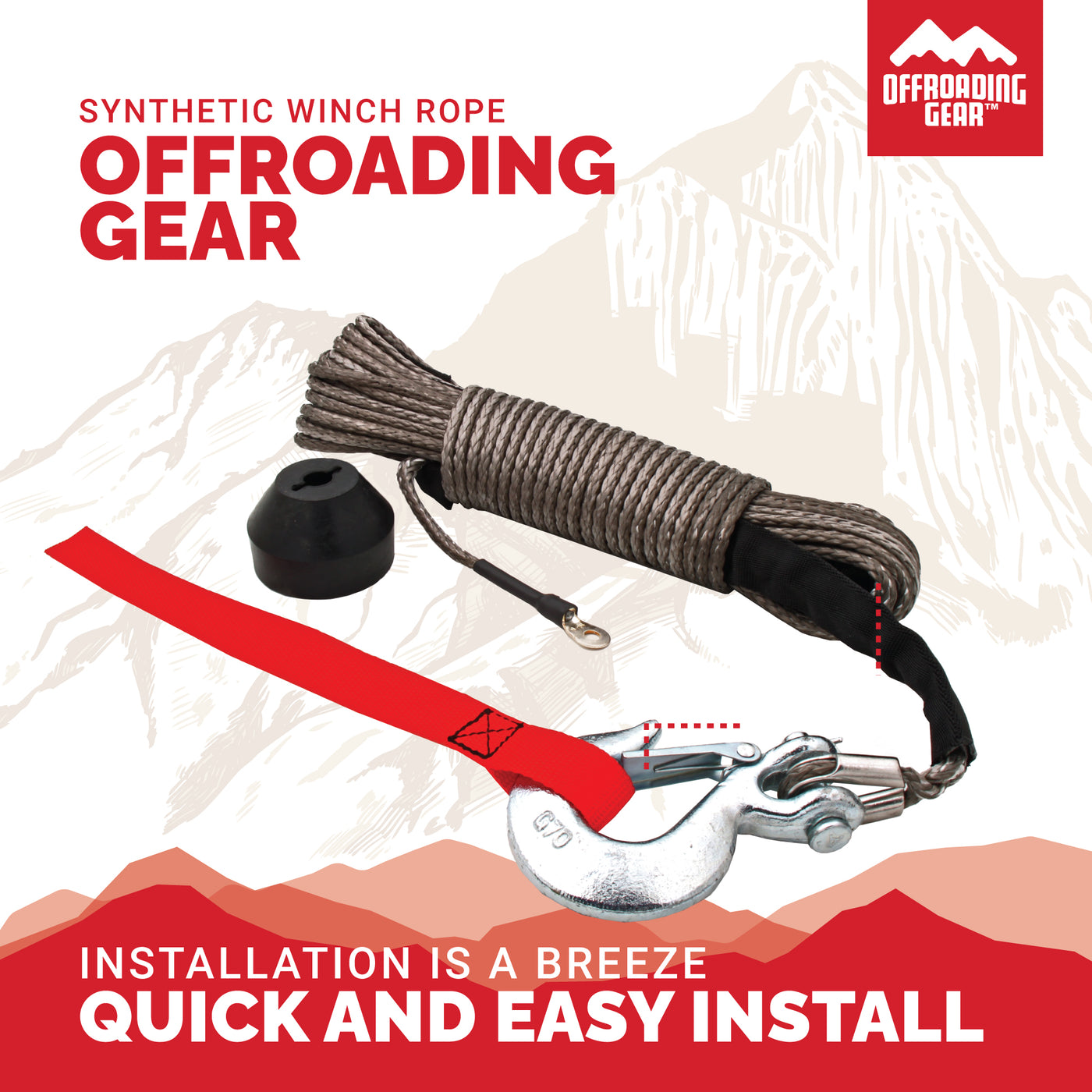 Synthetic Winch Rope Kit w/ Snap Hook and Rubber Stopper