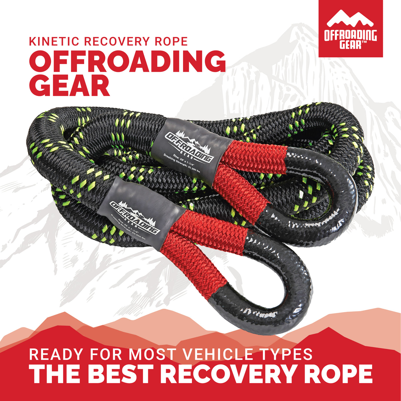 Offroading Gear 20'x7/8 Kinetic Recovery & Tow Rope, Black (28,600 lbs) for 4x4/Off-Roading/Jeep/Car/SUV/ATV