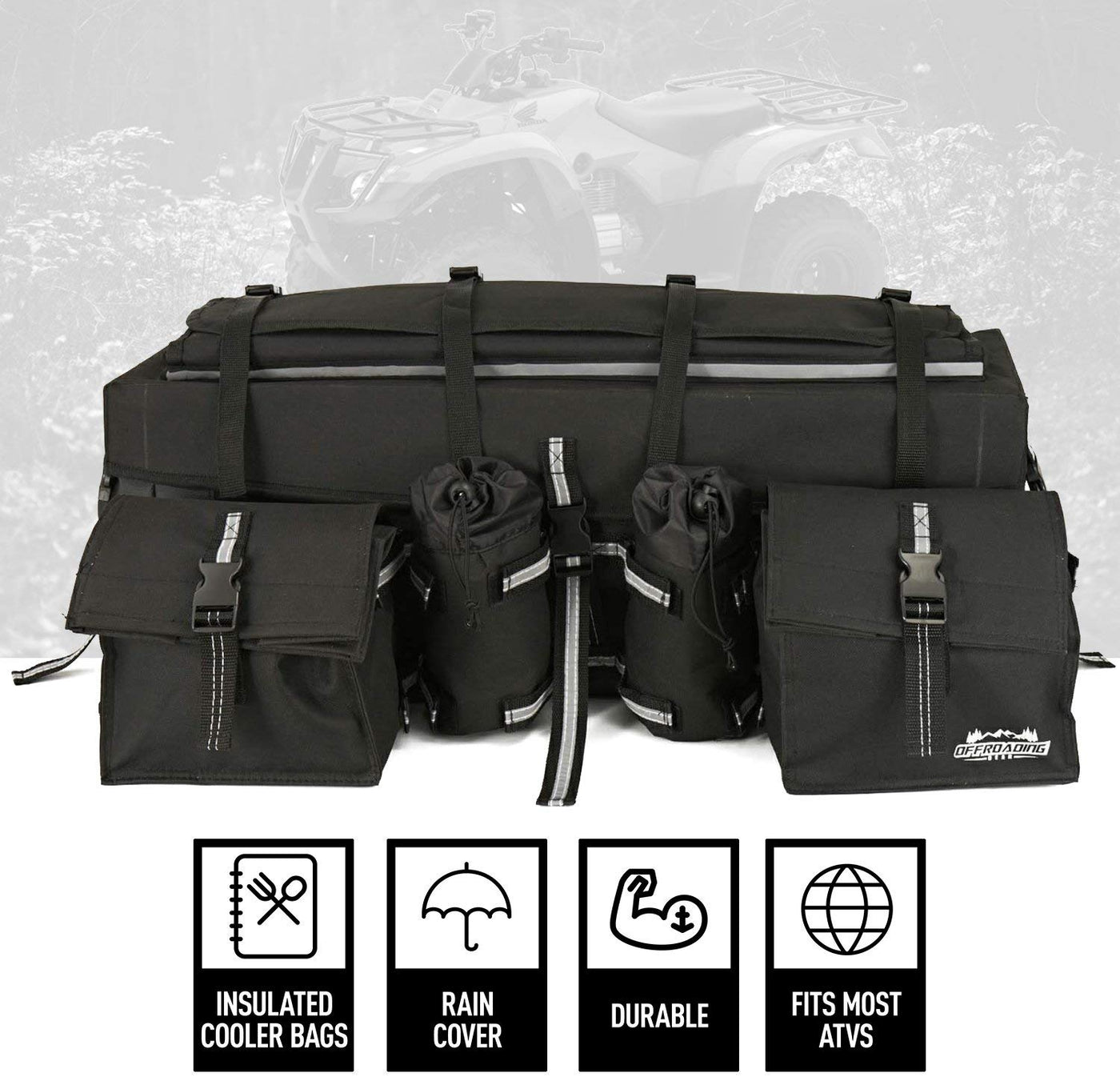 ATV Rear Bag with Rain Cover and Insulated Cooler Bags Black
