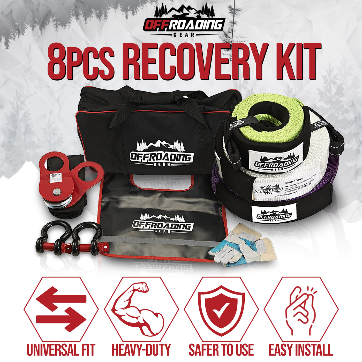 8 Piece 4x4 Recovery Kit with Snatch Straps, Winch Extension, Snatch Blocks and More