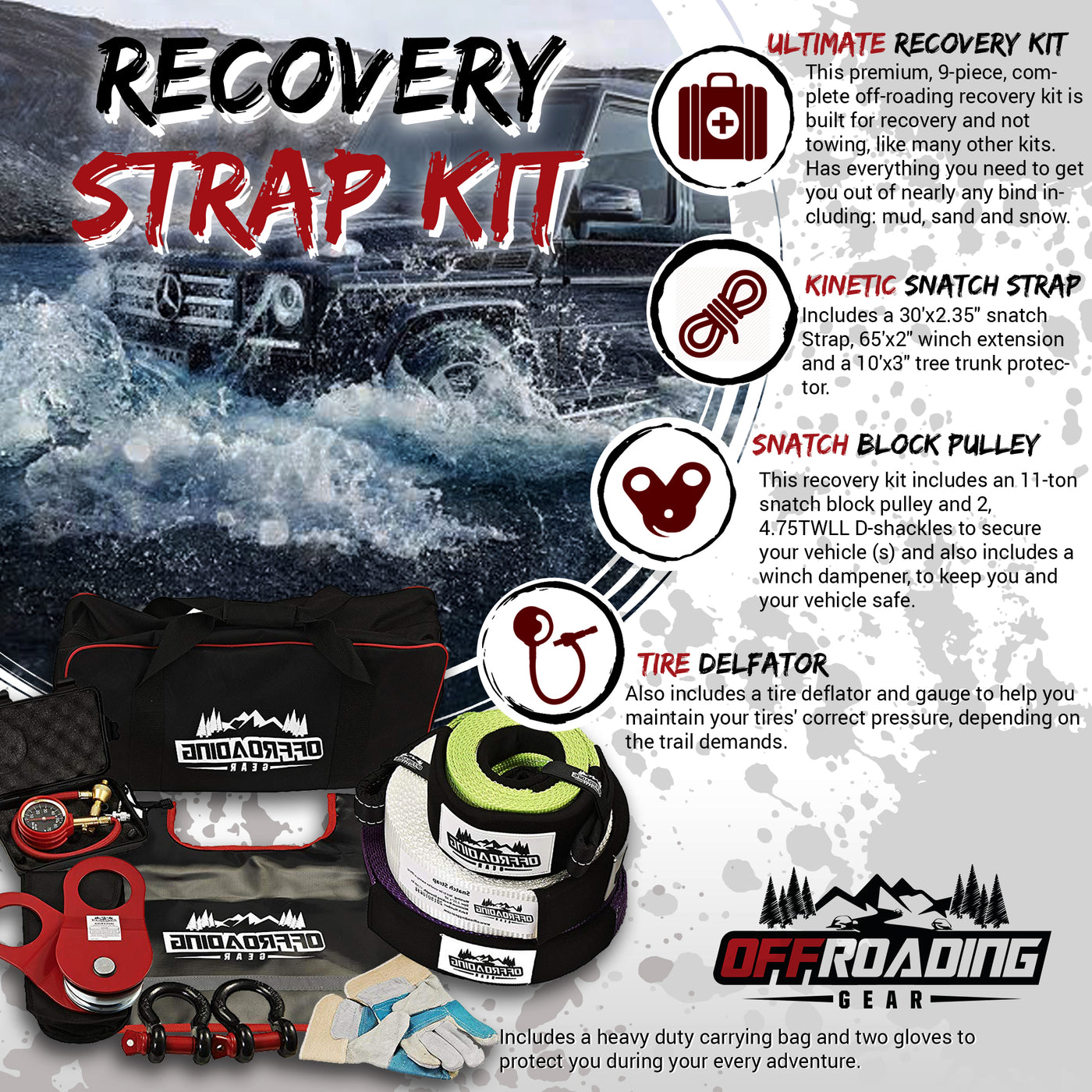 8 Piece 4x4 Recovery Kit with Snatch Straps, Winch Extension, Snatch Blocks and More