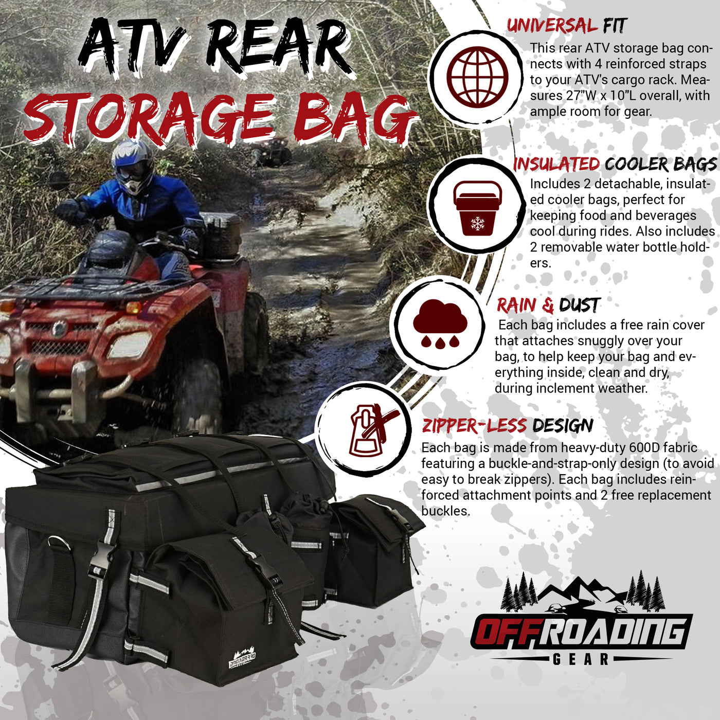 ATV Rear Bag with Rain Cover and Insulated Cooler Bags Black