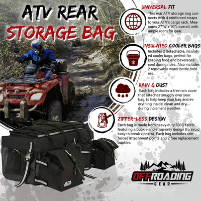 ATV Rear Bag with Rain Cover and Insulated Cooler Bags Black