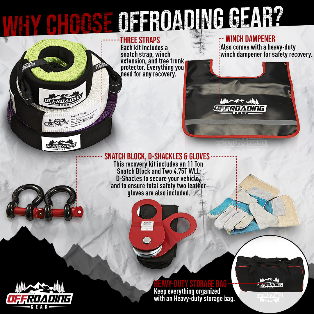 four wheel drive recovery gear 8 Piece 4x4 Recovery Kit with Snatch Straps, Winch Extension, Snatch B – OffroadingGear.com